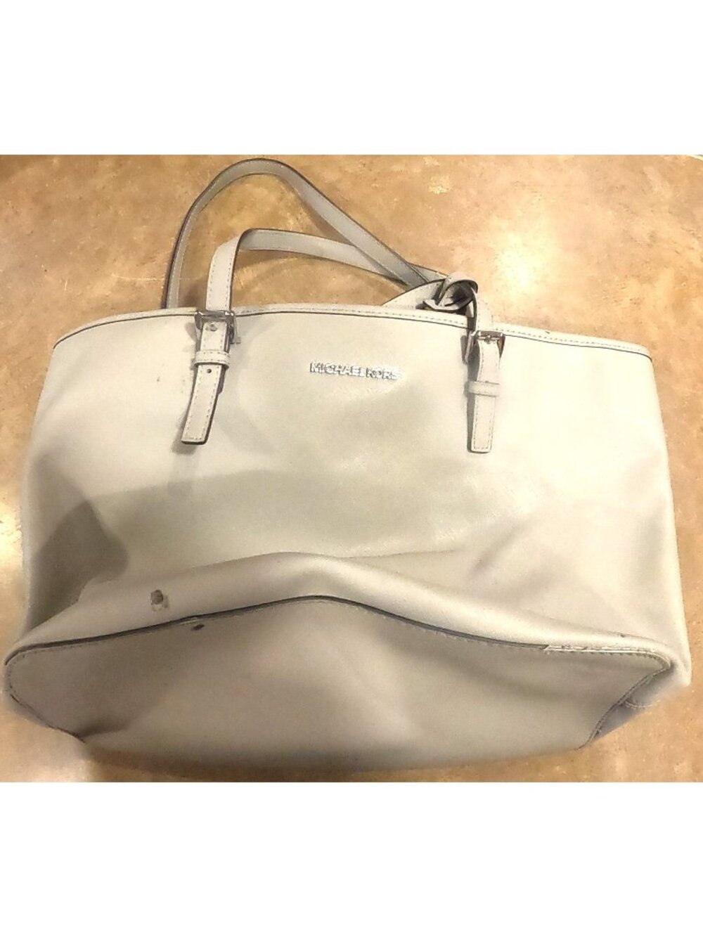 Michael Kors Gray Leather Tote Bag With Double Handles And Buckle Accents